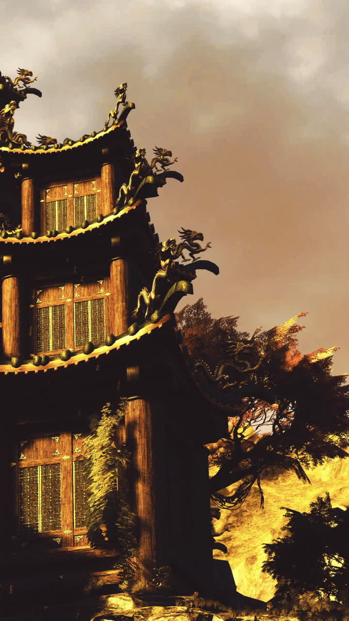 Un magnifico edificio in legno con dettagli intricati si erge contro un cielo drammatico