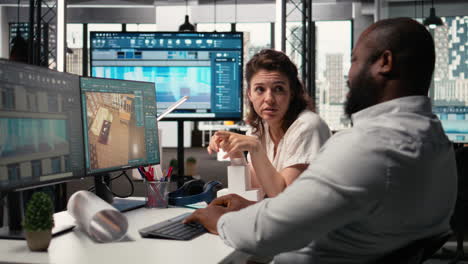 property development diverse team manages urban projects with digital blueprints