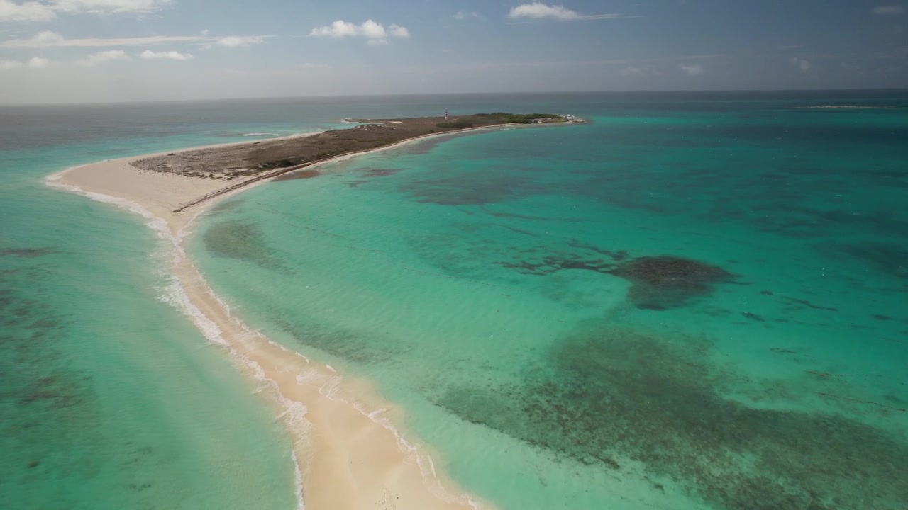 Cayo de Agua adasının ikonik kum setini ve turkuaz Karayip sularını sergileyen havadan panoramik görünümü.