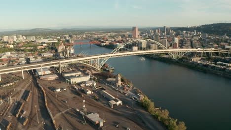 rising aerial shot over fremont bridge portland oregon