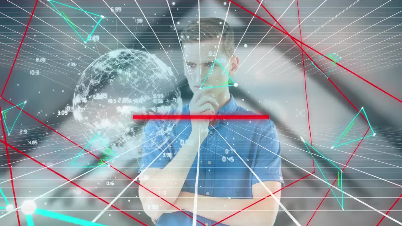 анимация перчаток и треугольников, движущихся над кавказским человеком, работающим на сенсорном экране