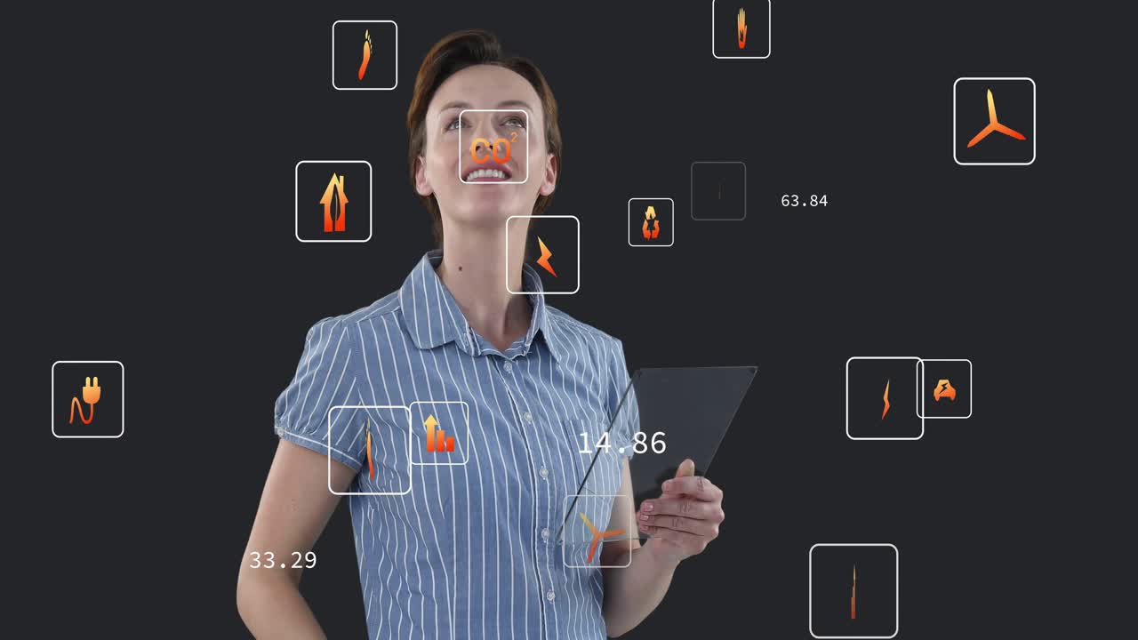 Woman holding tablet, tapping and gesturing, spawning floating energy icons and scores for demo