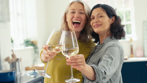 loving same sex mature female couple celebrating with glass of wine at home doing cheers to camera