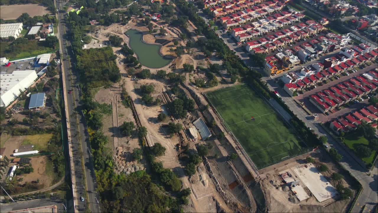 Aerial drone view of Residential area and unfinished city park construction