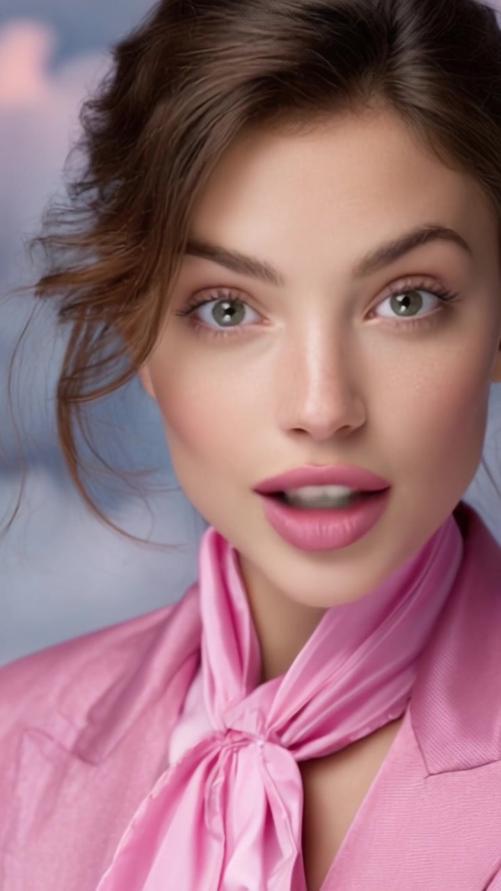 Splendido ritratto di una bella donna con trucco delicato e una sciarpa di seta rosa, che irradia sicurezza ed eleganza su uno sfondo da sogno.