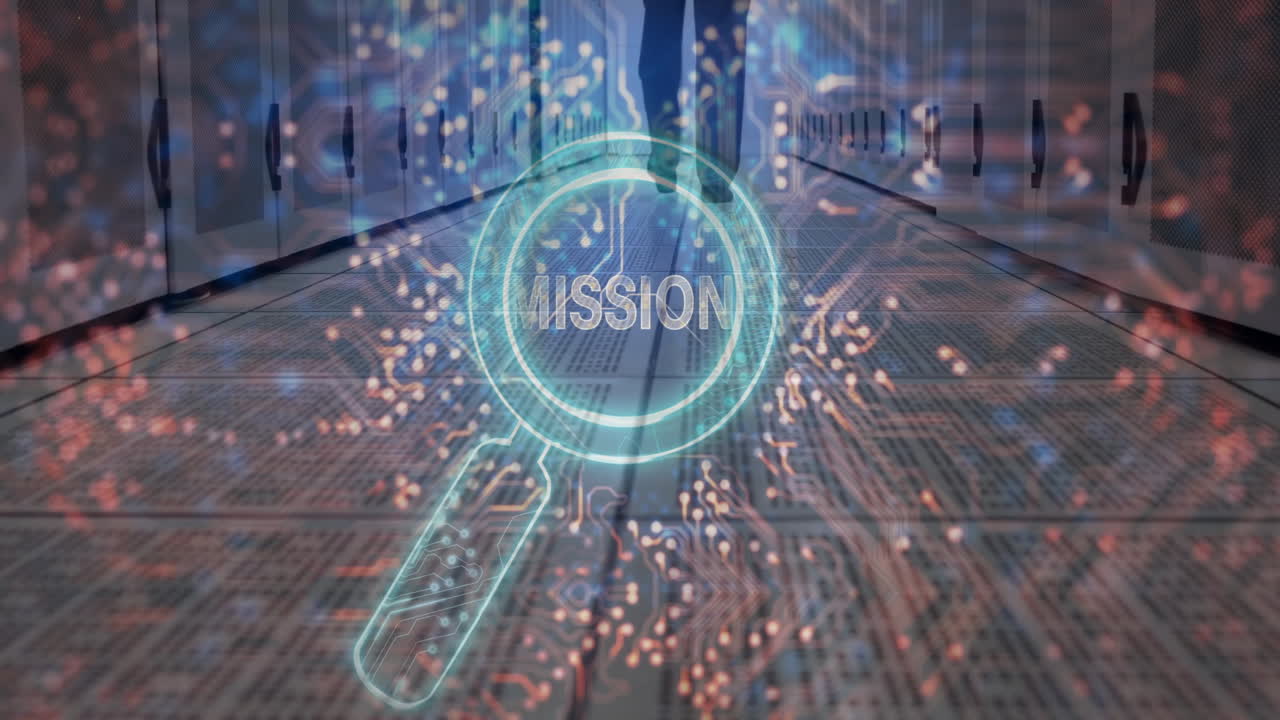 Magnifying glass animation over circuit board with MISSION text in data center