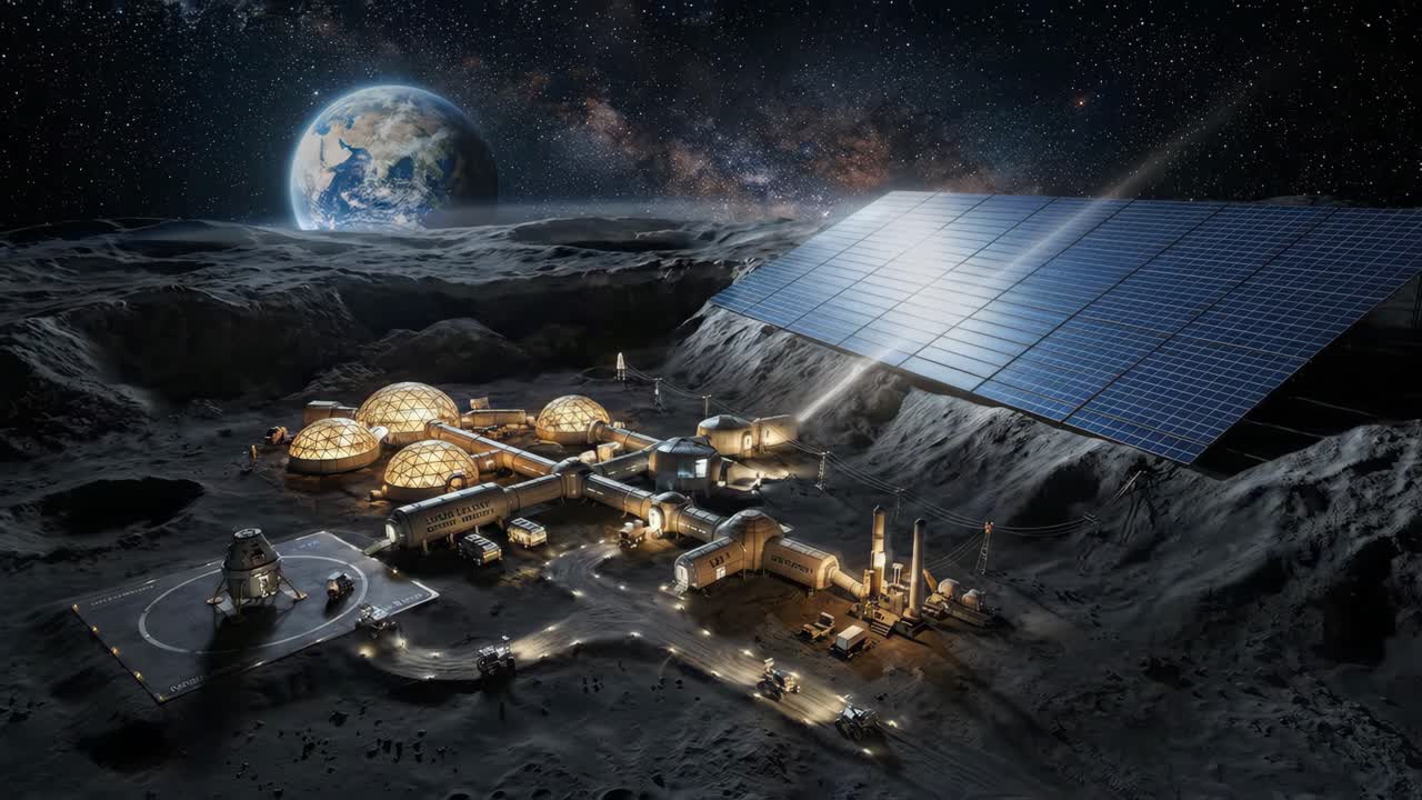 Futuristic Lunar Colony with Solar Panels and Earth View