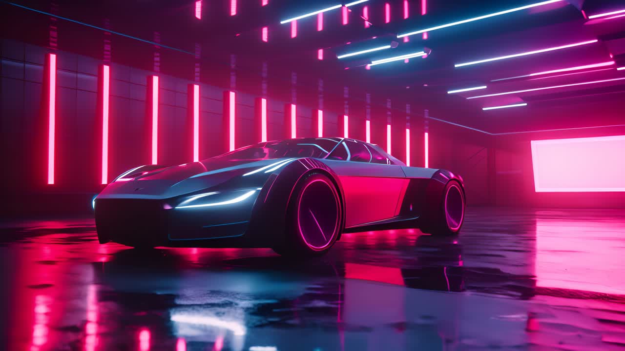 Futuristic Electric Car in a Neon Garage