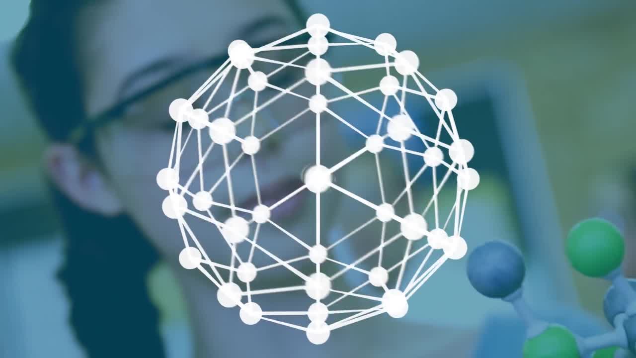 Geometric circular shape against caucasian girl touching molecular structure model at laboratory