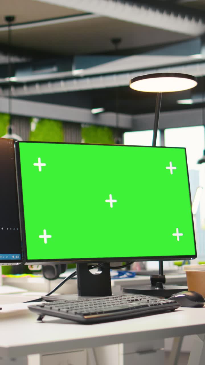 Vertical video Technology company workspace with chroma key computer