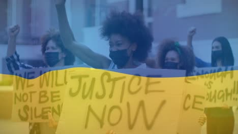 animation of flag of ukraine over diverse female and male protesters in face masks