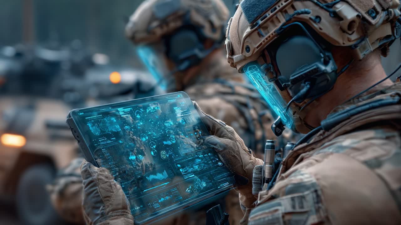 Advanced Military Technology: Soldiers Utilizing High-Tech Displays for Tactical Operations in a Modern Warfare Scenario