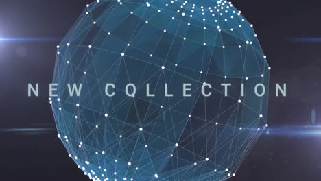 animación del texto de la nueva colección en azul sobre la red global y luces sobre fondo oscuro