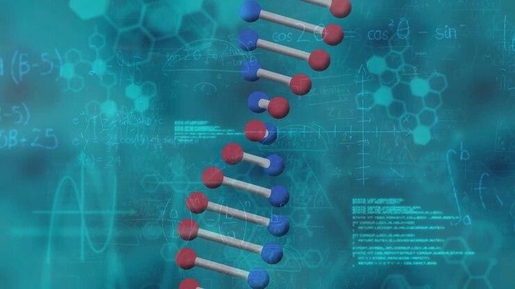 Animation of data processing and dna strand on black background
