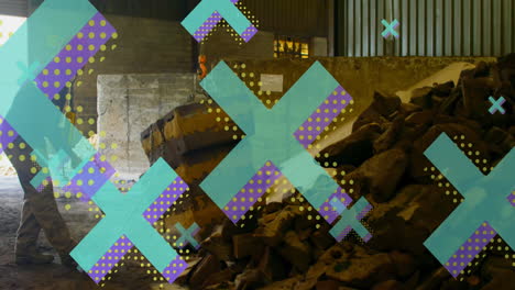 animación de símbolos de x sobre trabajadores masculinos biraciales colocando vara para apoyar piedras colgadas en la grúa