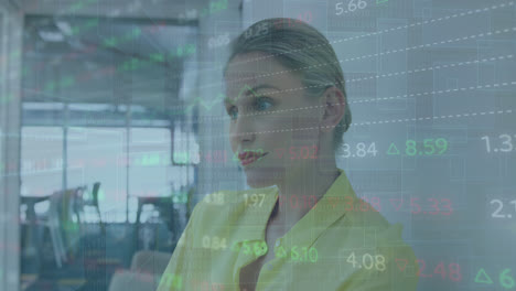 Animation-of-stock-market-data-processing-against-caucasian-woman-smiling-at-office