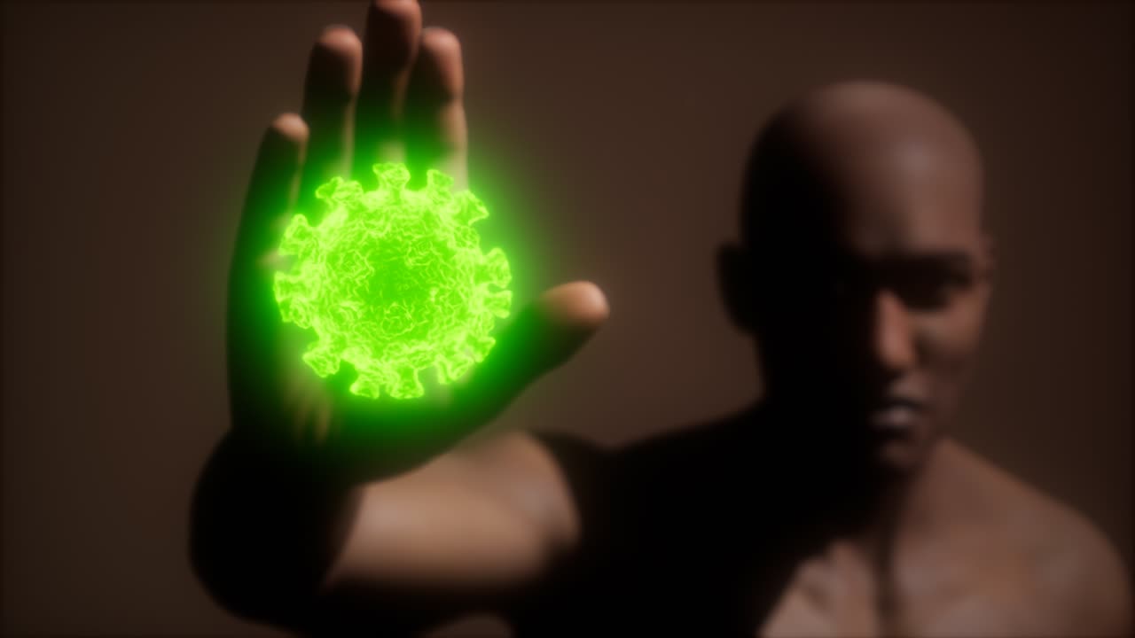 겁에 질린 남자가 코로나바이러스 코로나19 감염을 두려워해서 손짓을 멈 ⁇ 습니다.