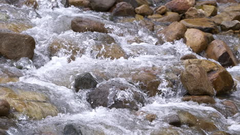 Clear-stream-running-through-stone-boulders-Abundant-river-flowing-in-slow-motion