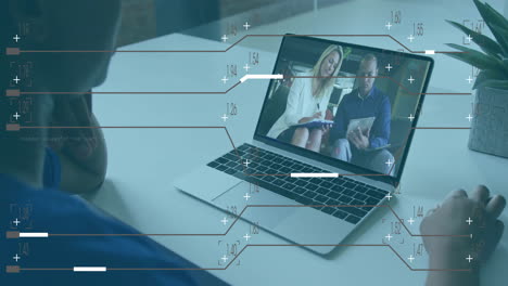 Animation of data processing over diverse colleagues having video call on laptop