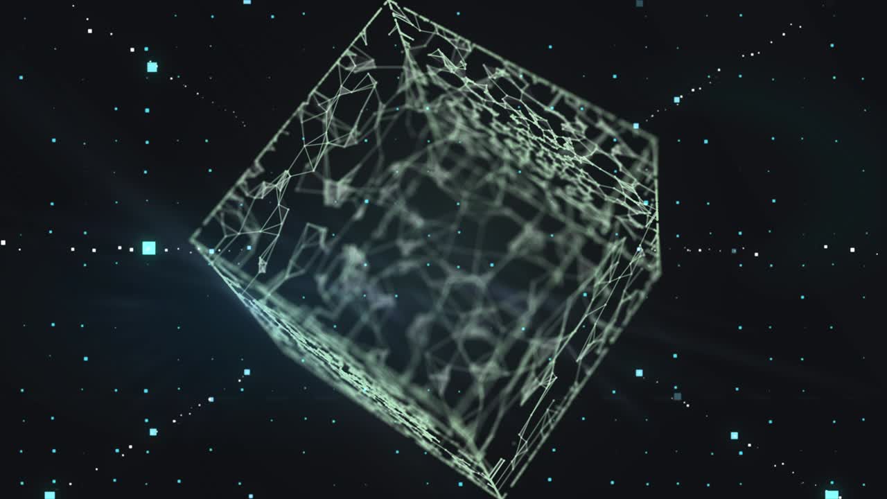 animación 3d de un cubo abstracto flotando en el espacio en textura de fondo gráfica creativa de 4k.
