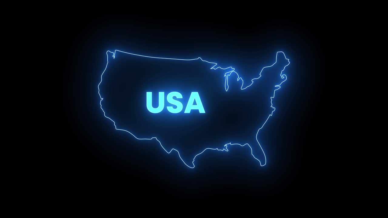 Glødende neon USA-kort med linseflare-animation isoleret på sort baggrund