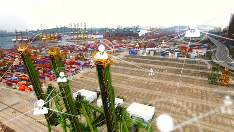 network of profile icons against aerial view of sea port warehouse