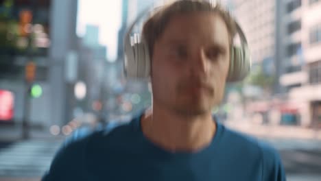 handsome young man is jogging on a street of a big city center. male is running in blue t-shirt, wearing wireless headphones with his favourite music playing. urban training workout in the morning.