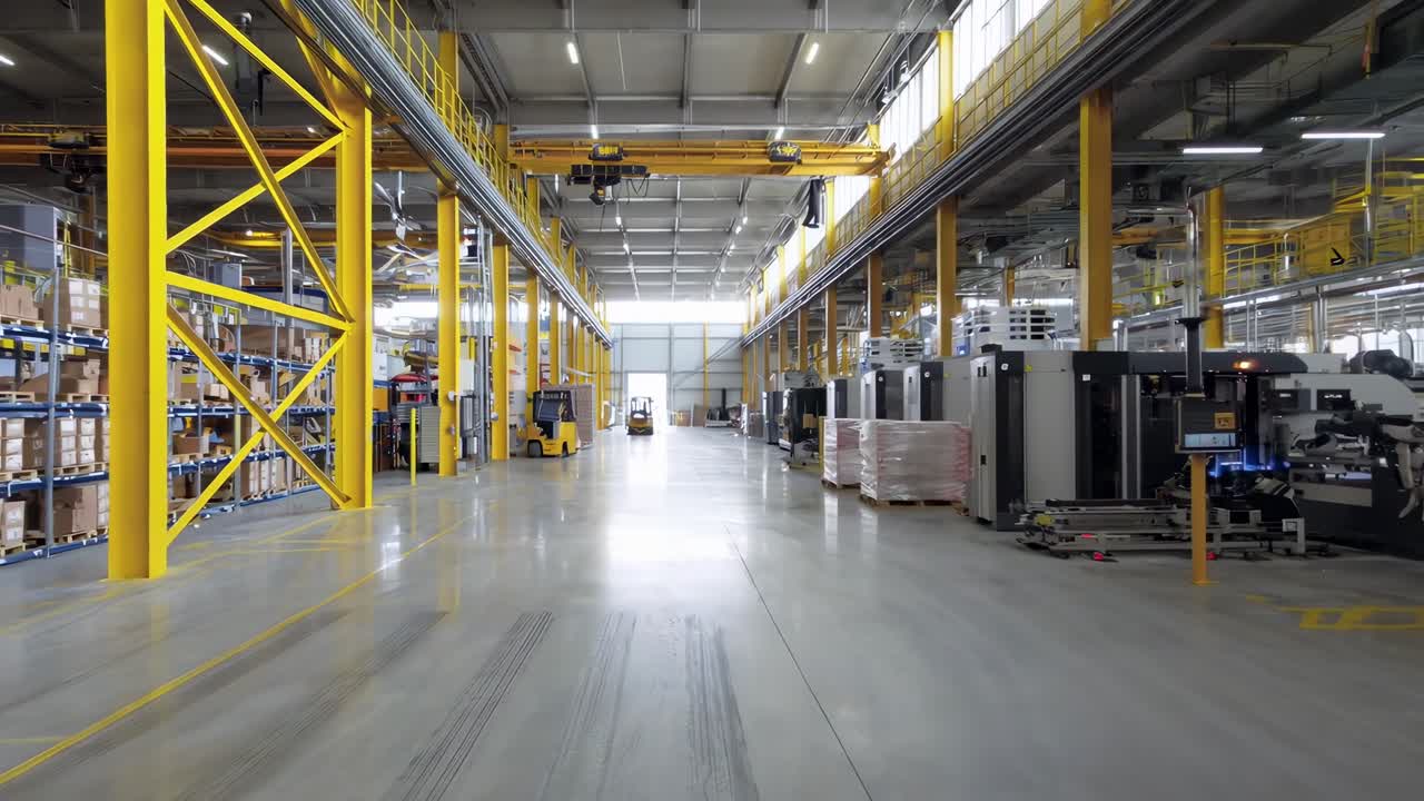 Video grandangolare dell'interno di un magazzino moderno, che mostra il design industriale e soffitti alti.