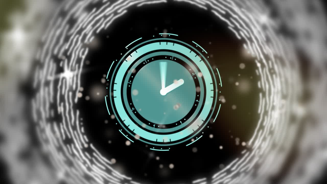 Animation of clock moving fast with scope scanning on black background