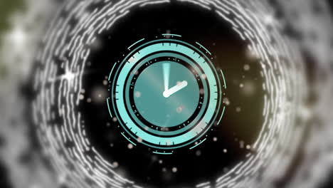 animación de un reloj que se mueve rápido con escaneo de alcance en fondo negro