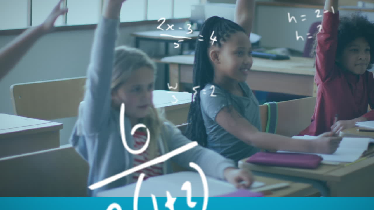 Animation of floating mathematical equations over group of kids sitting in classroom raising hands