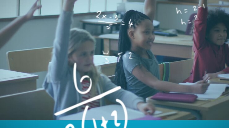 Animation of floating mathematical equations over group of kids sitting in classroom raising hands