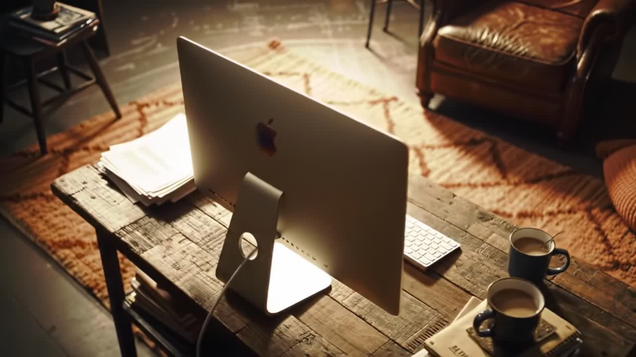 A Cozy Home Office Setup with a Modern Computer on a Rustic Table Surrounded by Books and Coffee in a Warm, Inviting Atmosphere