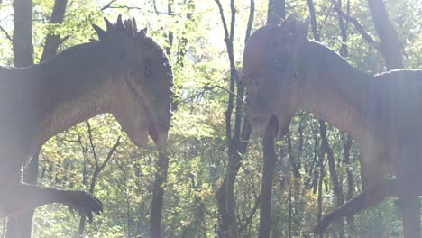 models of two strange dinosaurs in the middle of the forest in sunlight models of two strange dinosaurs in the middle of the forest in sunlight a walk in the dinozarvir park