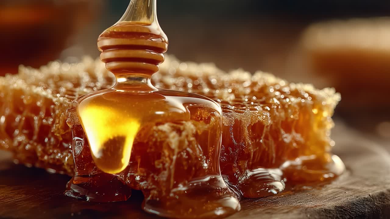 Miele dorato che cola: un'esplorazione ravvicinata di puro favo di miele e della sua texture ricca e viscosa, catturata con splendidi dettagli.