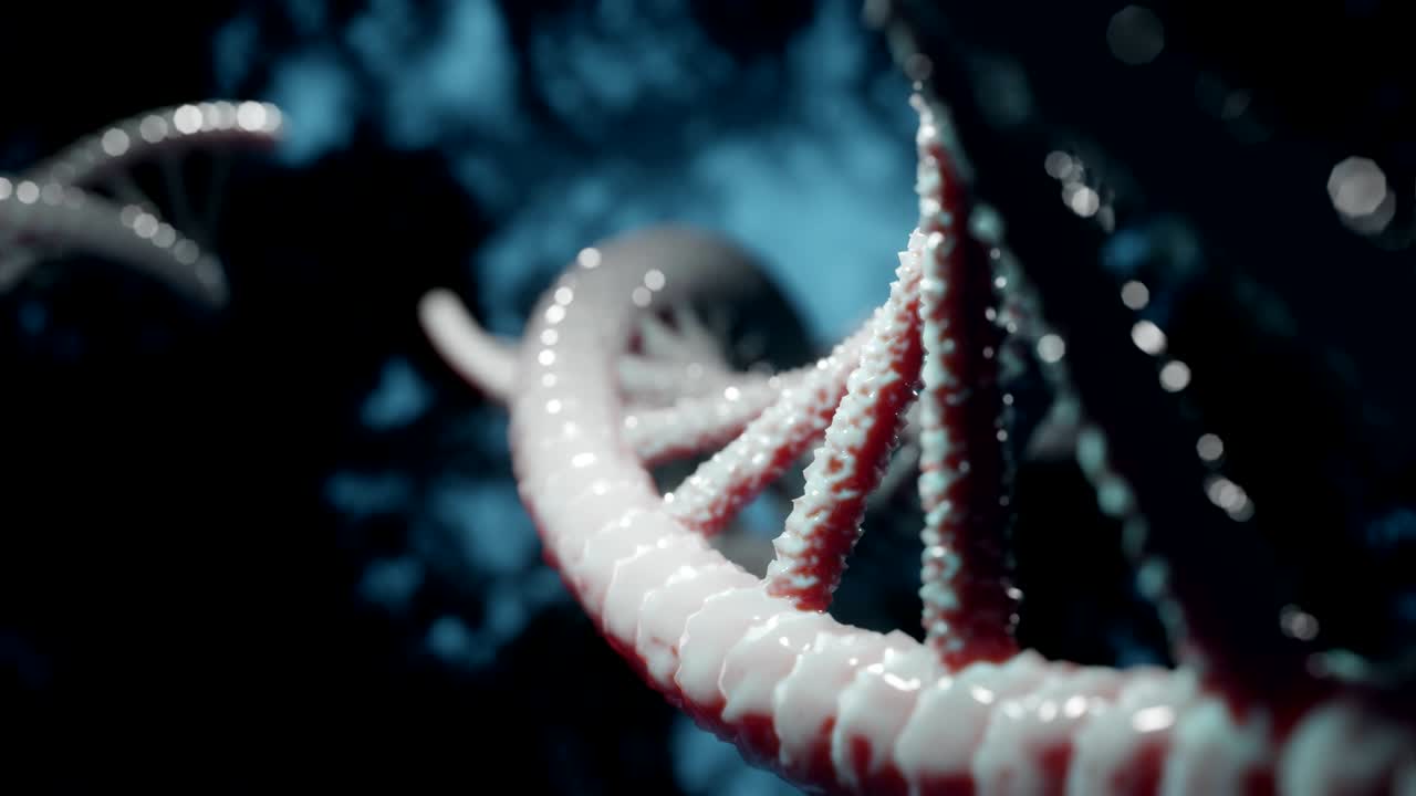 modelo microscópico de primer plano de la forma de la molécula de adn, en fondo negro y azul. para biotecnología, química, ciencia, medicina e inteligencia artificial. cadena de adn giratoria. 3d