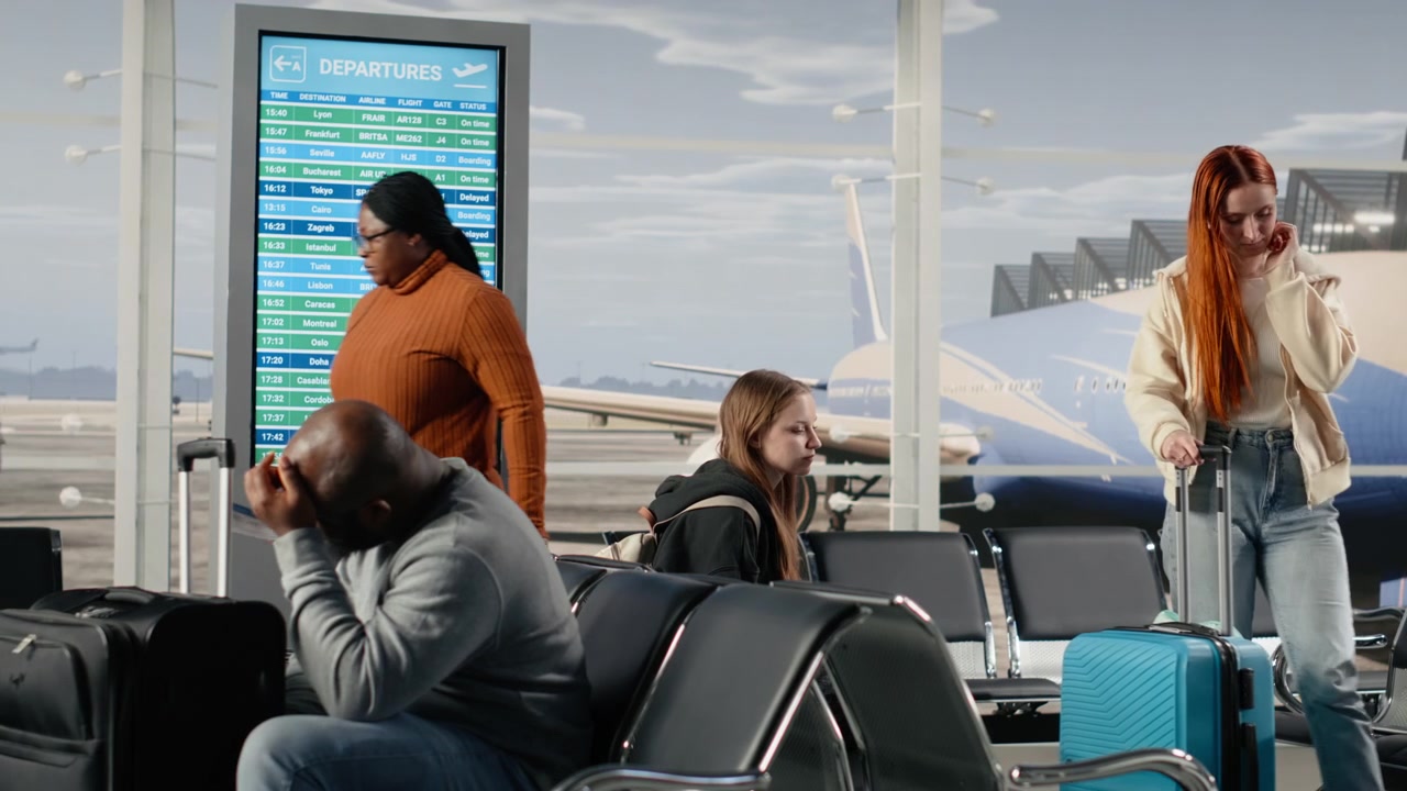 Viajantes entediados no terminal do aeroporto aguardando atualizações do status do voo