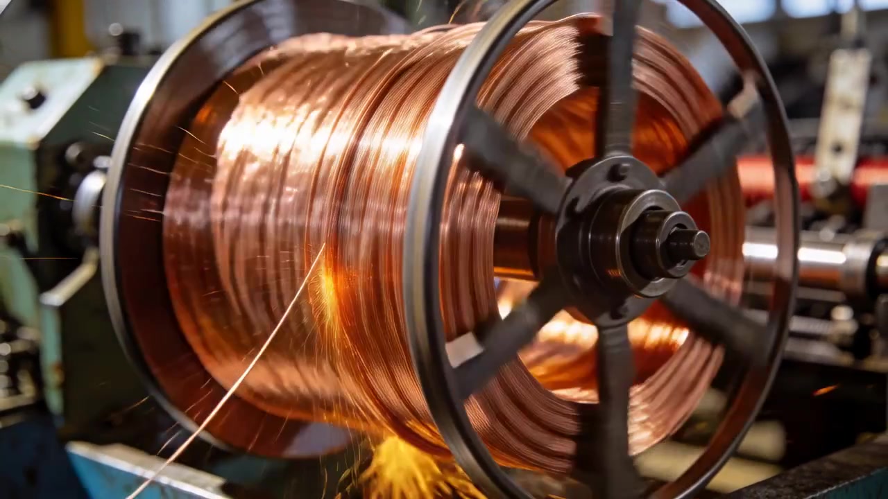 Motor starting large copper spool on reel, drawing strand and winding coils at factory for use