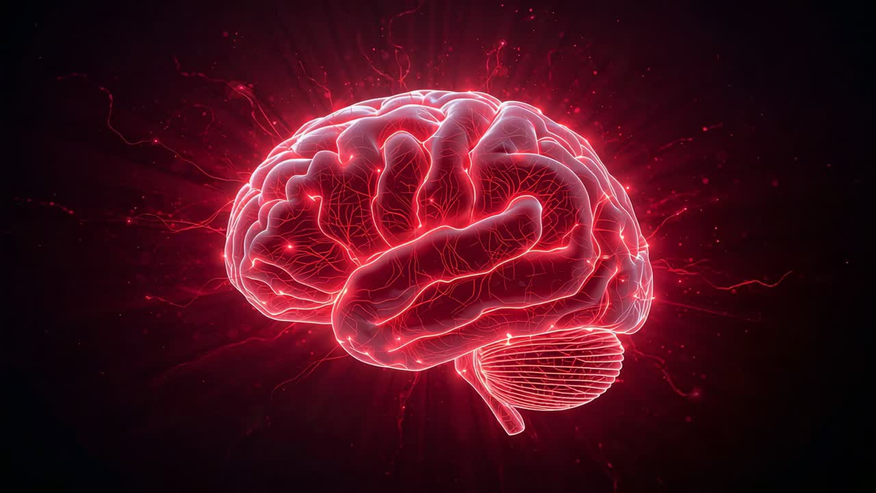 Pulsing left-brain sending signals in black void, glow rising, red-halo showing brainstem and nodes