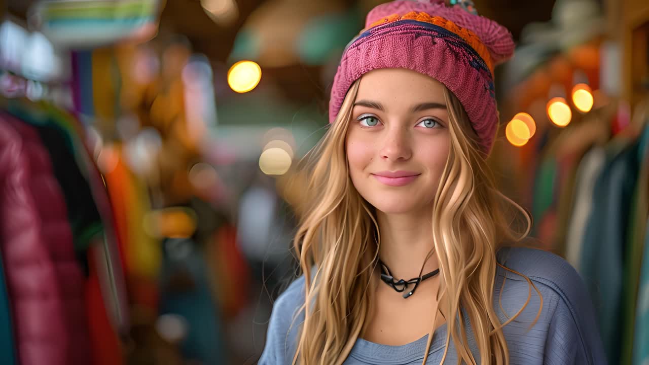 Portrait of a smiling young woman in a knitted hat