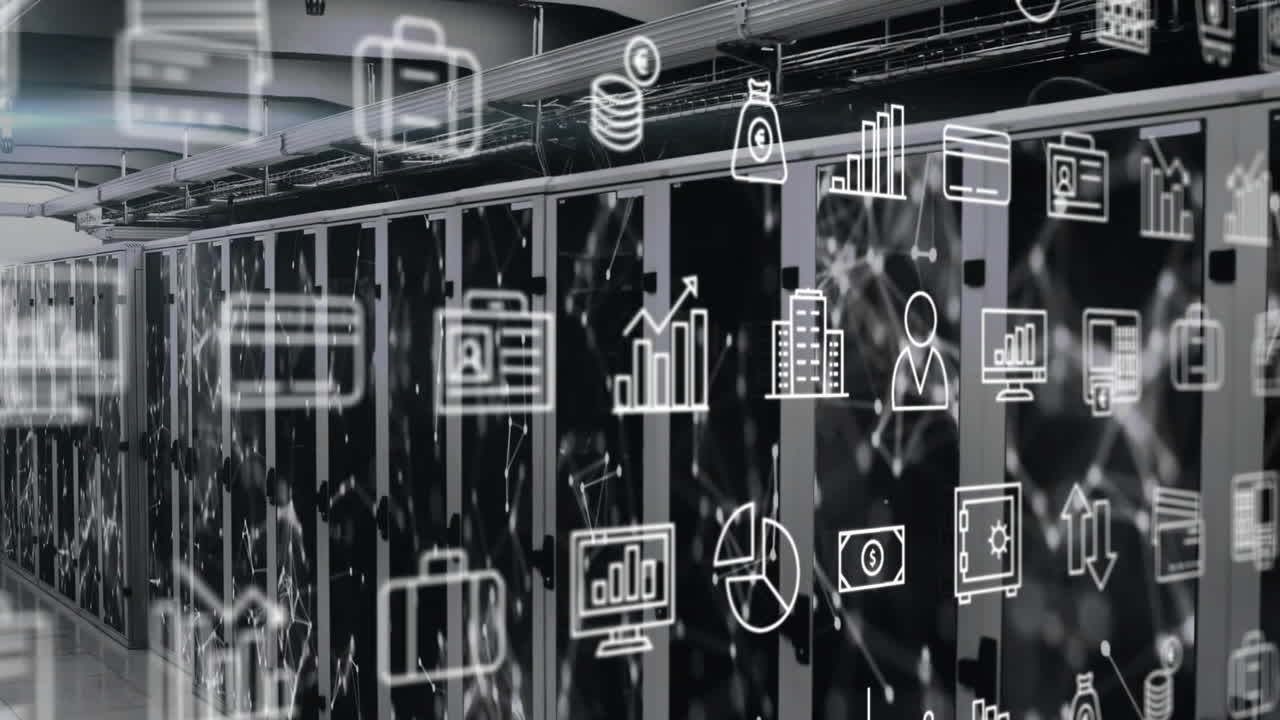 animación de iconos digitales y procesamiento de datos a través de servidores informáticos
