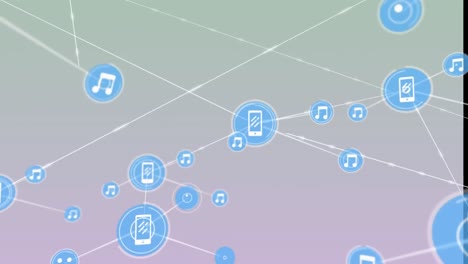 Animation-of-digital-music-and-phone-icons-connecting-with-lines-over-gray-background