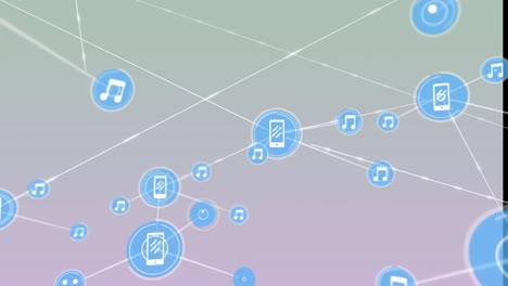 animación de música digital e iconos de teléfono que se conectan con líneas sobre fondo gris