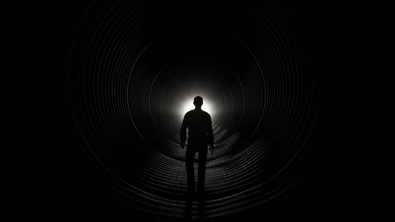Silhouette Of Man Walking Towards Light In Dark Tunnel
