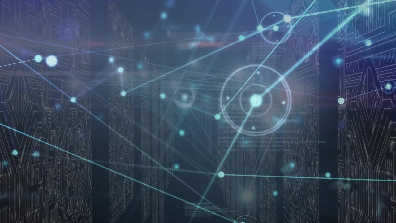 Animation of network of connections and data processing over columns with computer circuit board