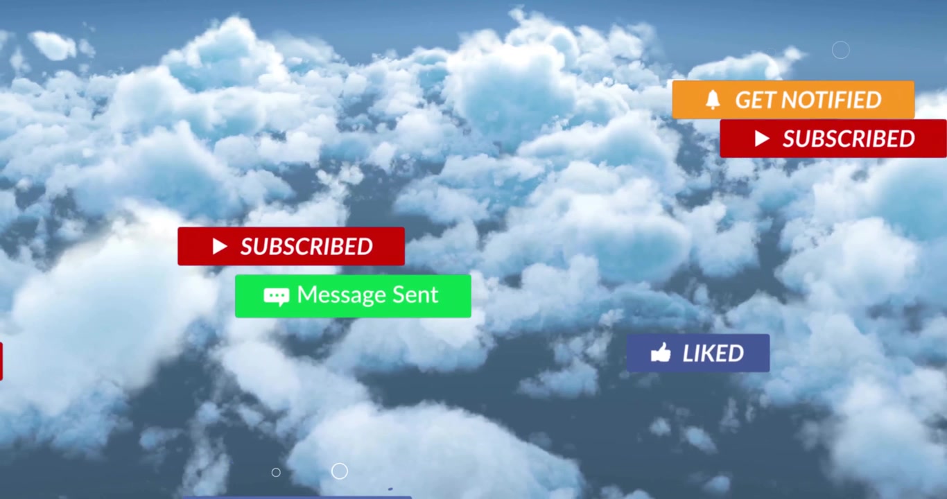 Pulsanti e interazioni animate dei social media in un cielo nuvoloso