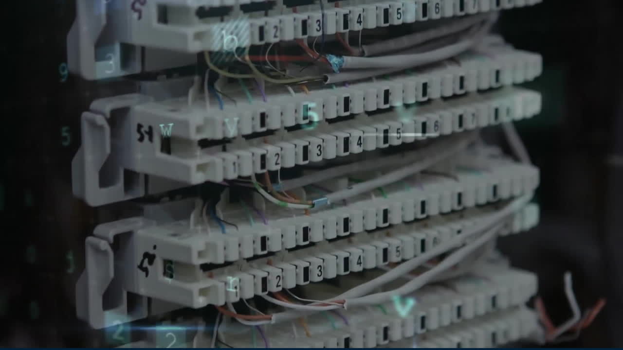 animación del procesamiento de datos a través de un servidor informático y texto de advertencia de piratería