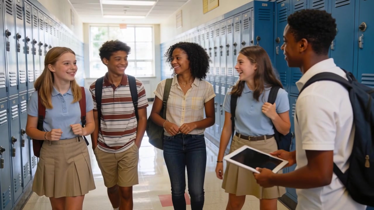 Walking teens in uniform reacting to peer showing tablet in school hall by lockers and backpacks