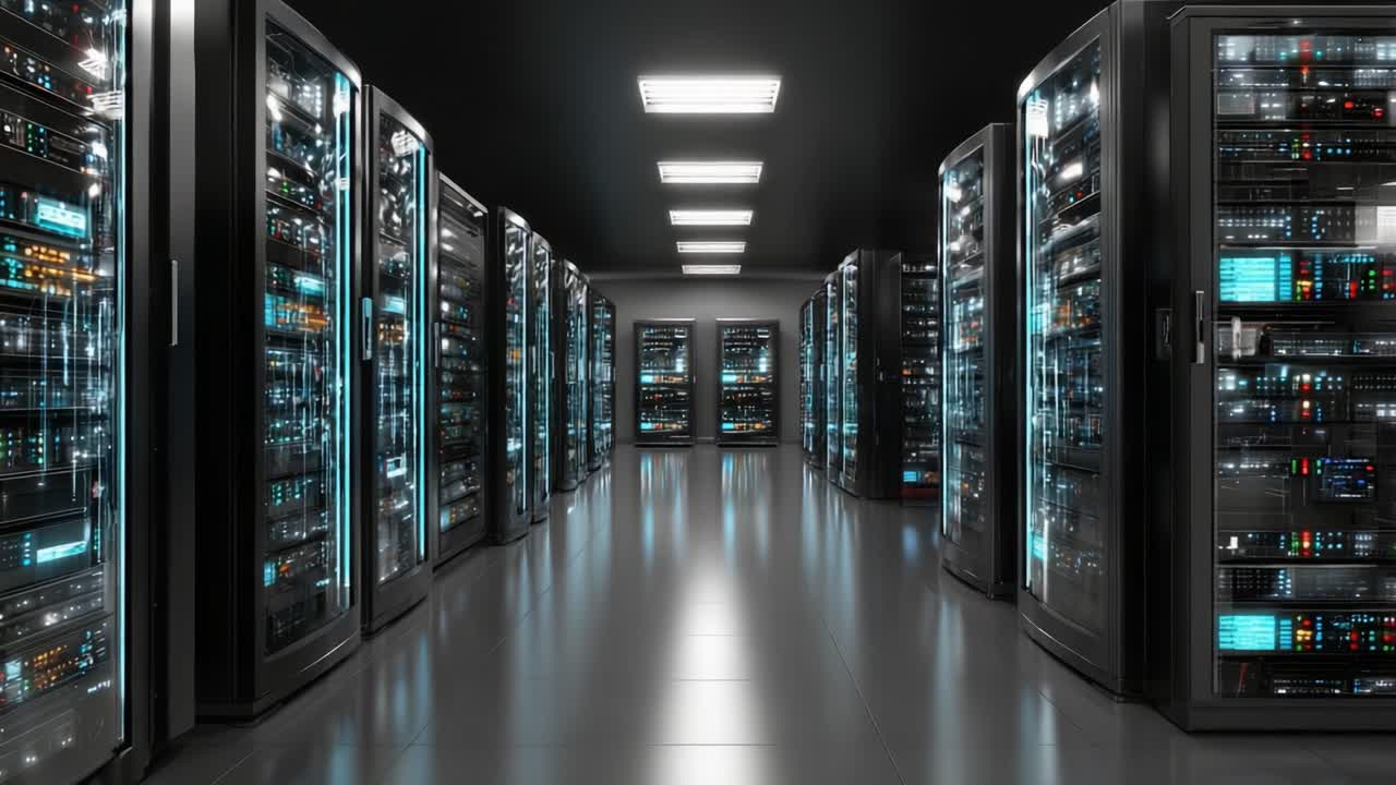 A High-Tech Data Center Showcasing Rows of Server Racks Illuminated by LED Lights, Emphasizing the Modern Infrastructure for Data Management and Storage