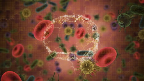 animación digital del cerebro humano girando sobre múltiples células de covid-19 y vasos sanguíneos flotando